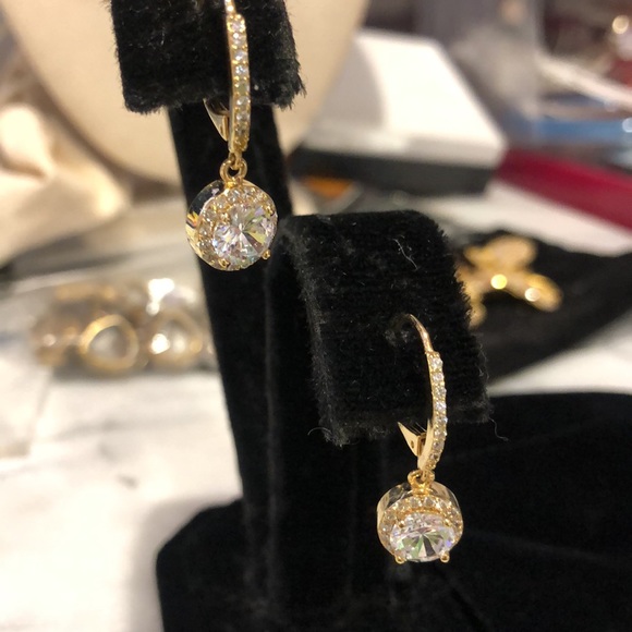 Gold Cubic Zirconia Halo French Wire Earrings-Boutique - Picture 3 of 7